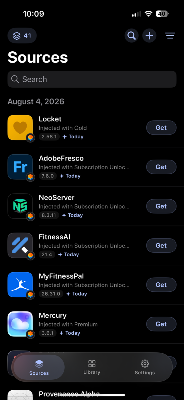 The Sources tab listing apps from 41 repositories, newest first, each with a version and an update date
